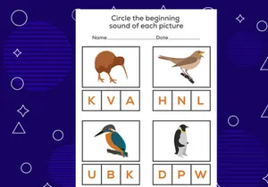 Circle the beginning sound of each bird. Educational game for kids
