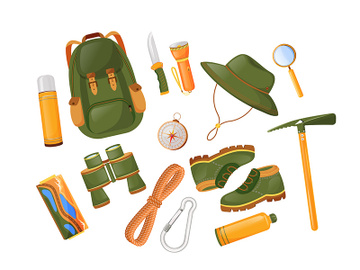 Mountaineering equipment flat color vector objects set preview picture