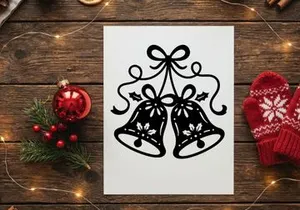 Black and white Christmas bells illustration with ribbon and holly leaf design elements.