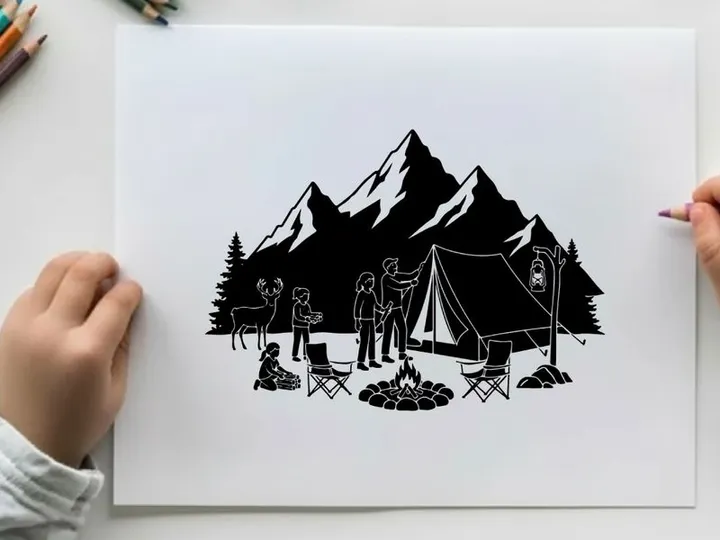 Camping silhouette scene with people and tent in mountains