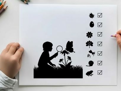 Child in silhouette examining a butterfly with a magnifying glass