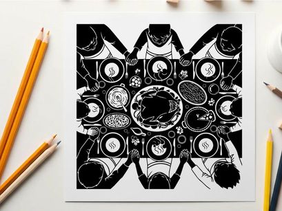 Silhouette of people gathered around a table with food in a symmetrical pattern