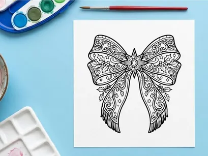 Christmas Bow Line Art Illustration, Decorative Holiday Ribbon Ornament for Coloring Page