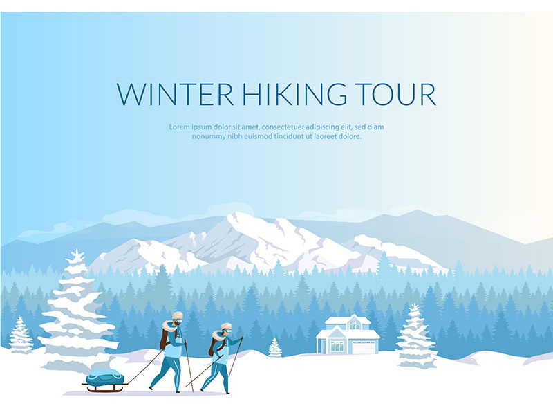 Winter hiking tour banner flat vector template