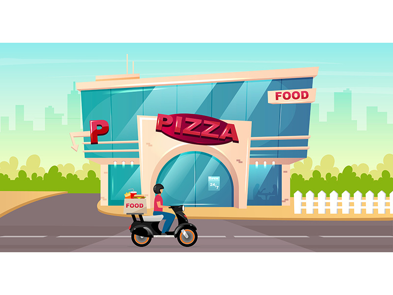Pizza place on street flat color vector illustration