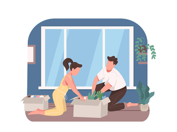 Young couple planting flowers 2D vector web banner, poster preview picture