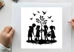 Children planting a tree in silhouette with birds flying overhead