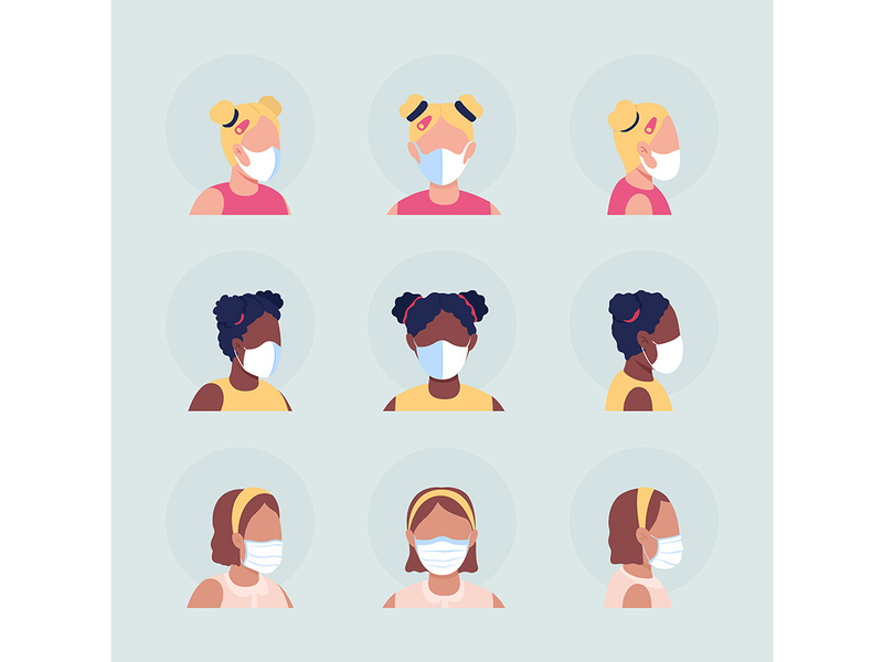 Face masks for children flat color vector character avatar set