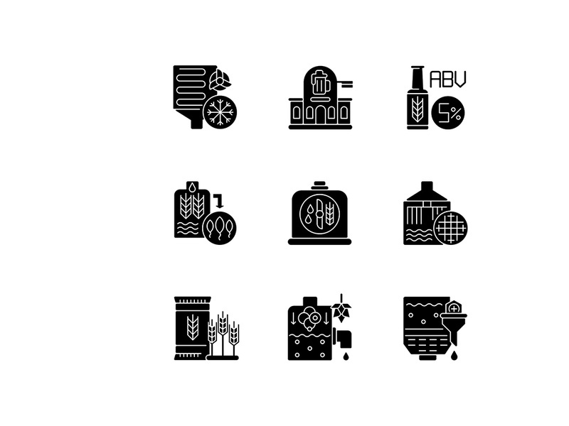 Beer production technology black glyph icons set on white space