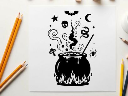 Black silhouette cauldron with witchcraft symbols and spooky elements