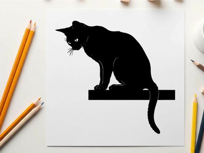 Black cat silhouette sitting on a ledge looking down