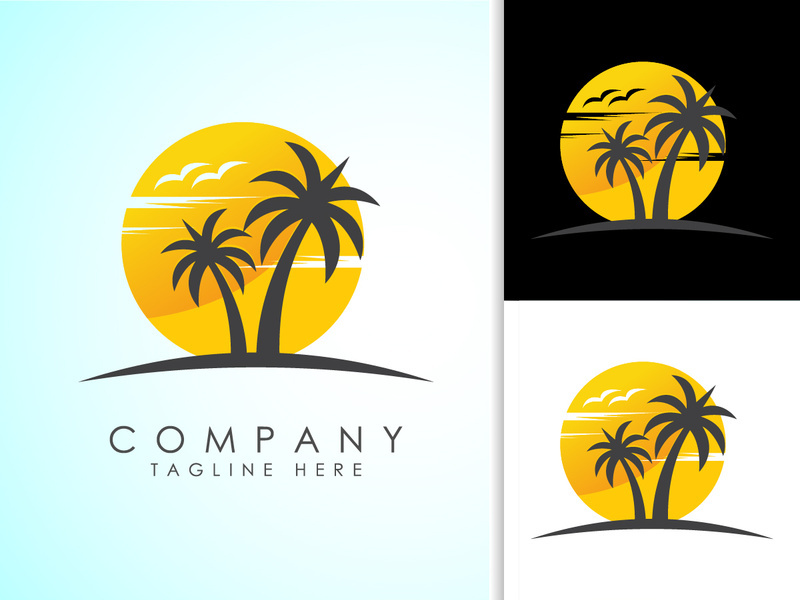 Beach logo design. Sun sunset sunrise with beach ocean sea water logo icon.