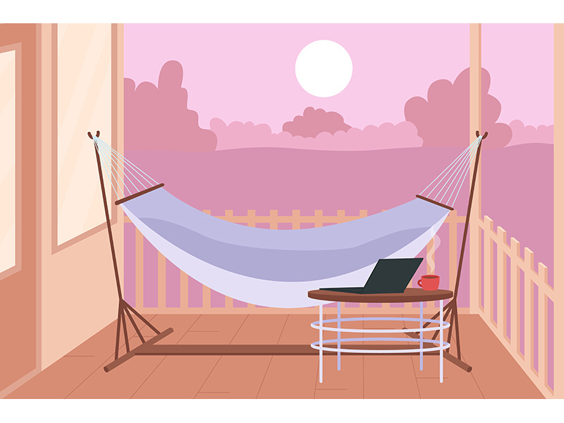 Hammock in backyard for rest flat color vector illustration