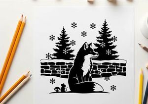 Silhouette of a fox sitting by a snowy wall with pine trees silhouette