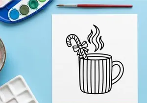 Steaming hot coffee mug with candy cane and snowflake on Christmas morning