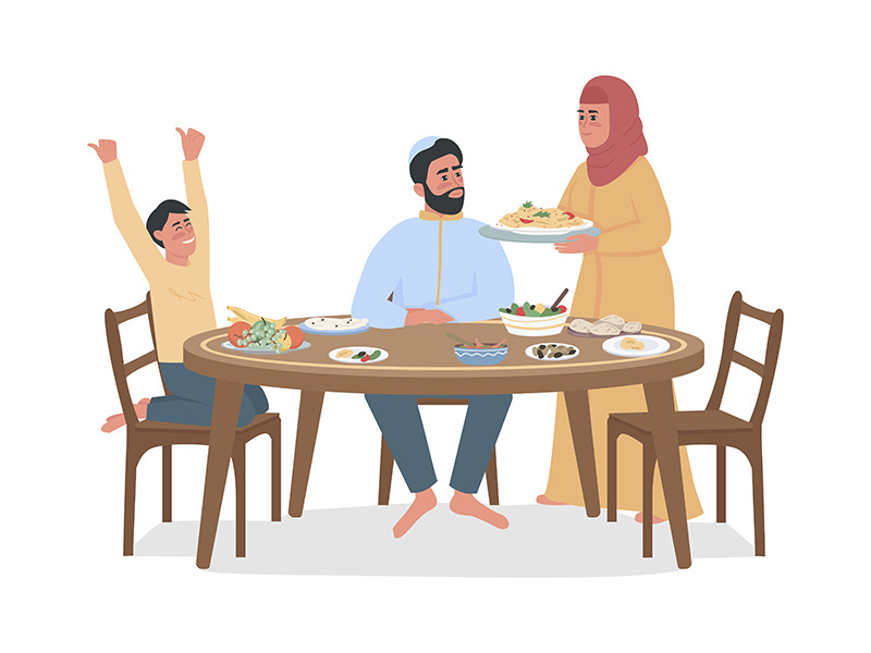 Family eating dinner together semi flat color vector characters