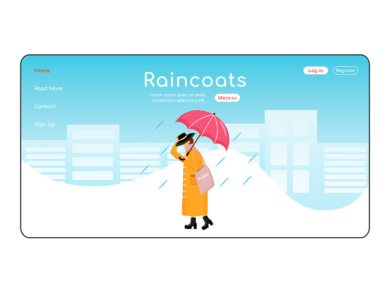 Raincoats landing page flat color vector template