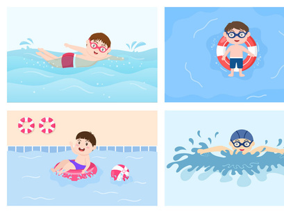 15 Cute Little Kids Swimming Vector Illustration