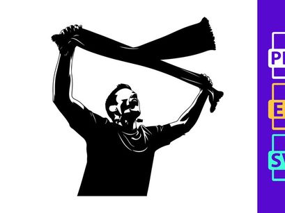 Man holding and waving a scarf in the air with both hands energetically