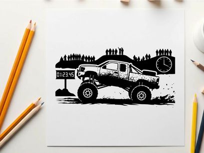 Silhouette of a truck racing on a track with spectators and a clock