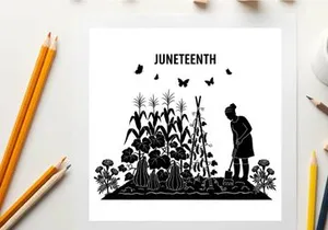 Juneteenth silhouette of woman gardening with butterflies and plants