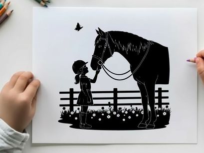 Silhouette of a little girl petting a horse