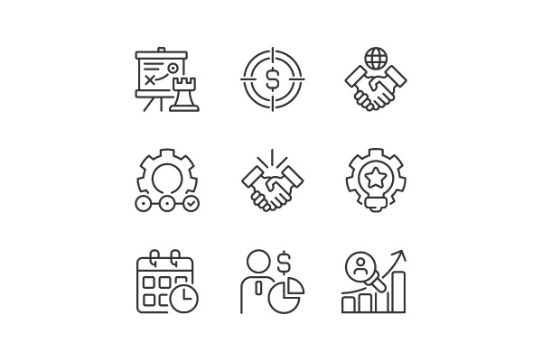 Business activities pixel perfect linear icons set