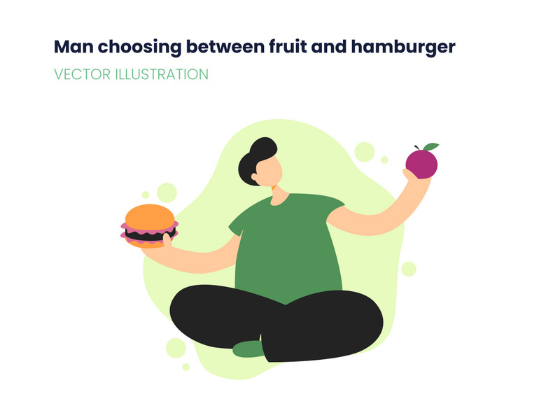 Man choose between fruit and hamburger