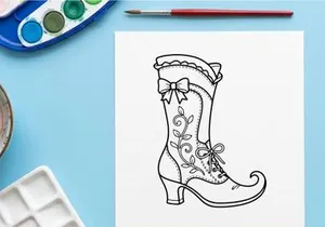 Cute cartoon elf shoe with curly toe and bow. Whimsical holiday footwear illustration for festive designs.