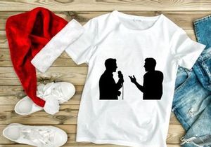 Two men communicating with a microphone and gestures in a simple silhouette