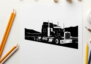 Silhouette of a semi truck driving on a road with mountains