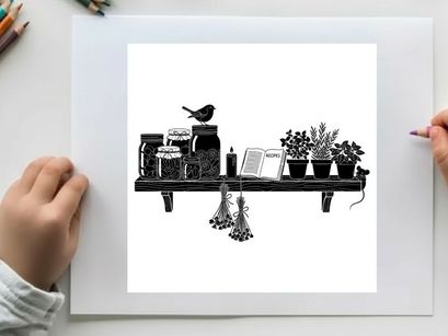 Silhouette of bird and plants on a shelf with jars and hanging flowers
