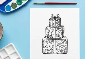 Hand-drawn Christmas gift box with festive ribbon and ornate swirl patterns for holiday designs