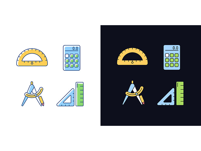 Architecture student tools light and dark theme RGB color icons set