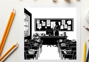 Silhouette of a teacher standing in a classroom with desks and a blackboard