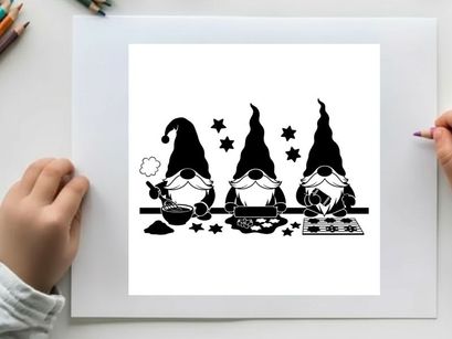 Three gnomes baking with stars and silhouette decorations