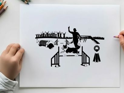 Silhouette of dog and handler at agility competition event