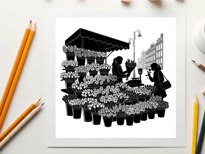 Silhouette of a flower vendor and customer on a city street