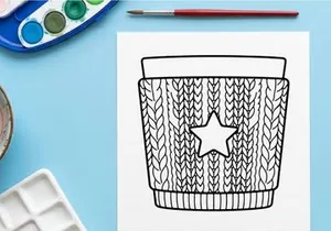 Christmas coffee cup sleeve with star pattern, hand drawn winter holiday drink cozy design.