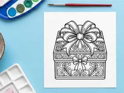 Kotak hadiah Natal dengan pola floral rumit dan pita dekoratif besar seni garis