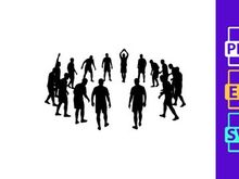 A group of people walking in different directions in black silhouette on white background