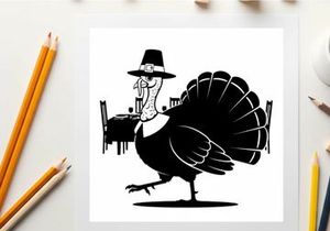 Silhouette of a pilgrim turkey in a hat walking to a table