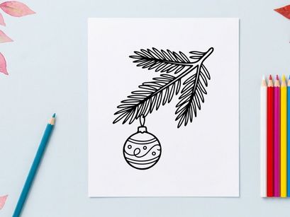 Christmas tree branch with hanging bauble ornament, black and white line art drawing.