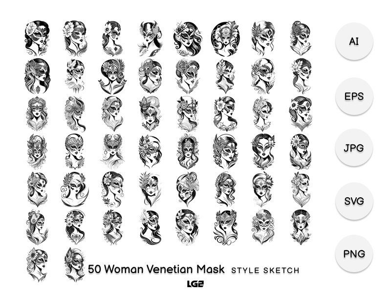 Woman Venetian Mask Element Draw Black