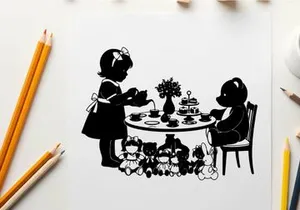 Vintage silhouette of teddy bear and girl having tea