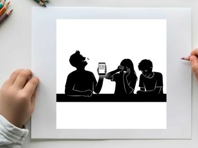 Silhouette of three people looking at a phone in a row