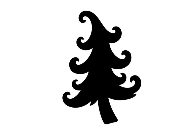 Silhueta preta de uma árvore de Natal estilizada com galhos ondulados em fundo branco
