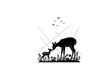 Deer silhouette of mother and fawn in wildflowers with birds