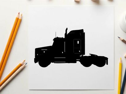 Silhouette of a semi truck against a white background