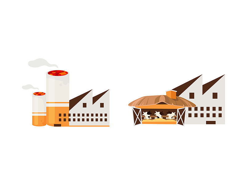 Tobacco and meat industries flat color vector objects set